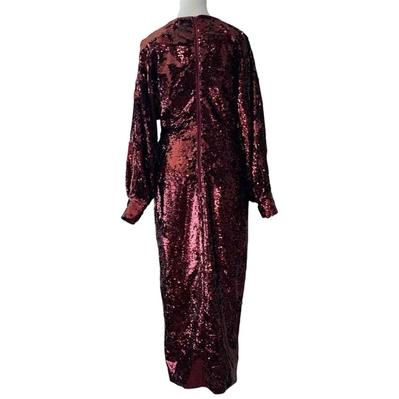 NWT TED BAKER $495 Emmalee Burgundy Sequin Midi Dress Plunge Neck Glam Party